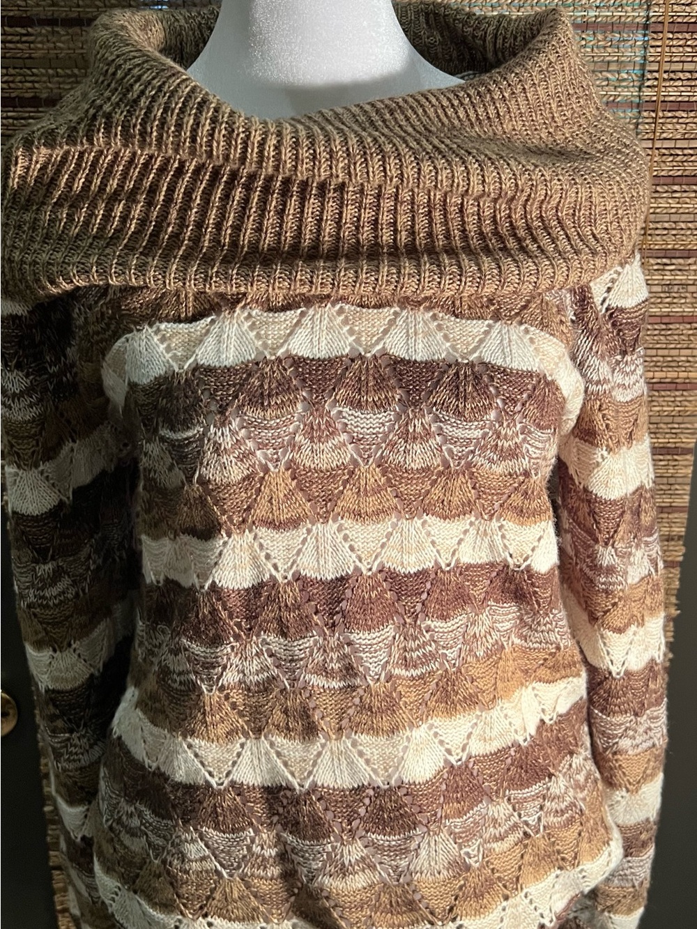 Brown and Cream Cream Open Knit Cowl Neck Boho Sweater